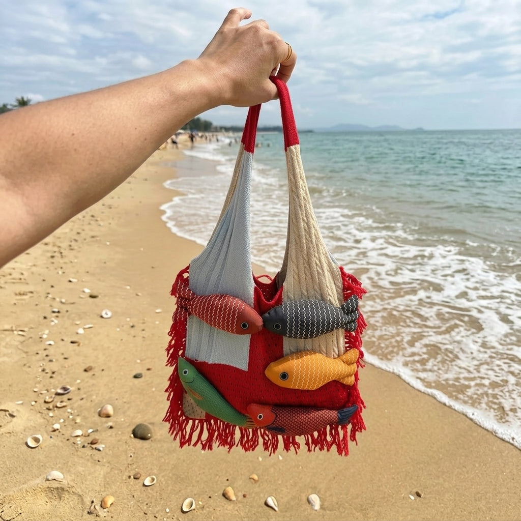 Boho 3D Fish Applique Knitted Beach Tote
