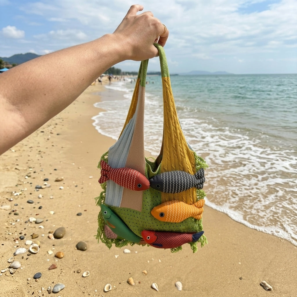 Boho 3D Fish Applique Knitted Beach Tote