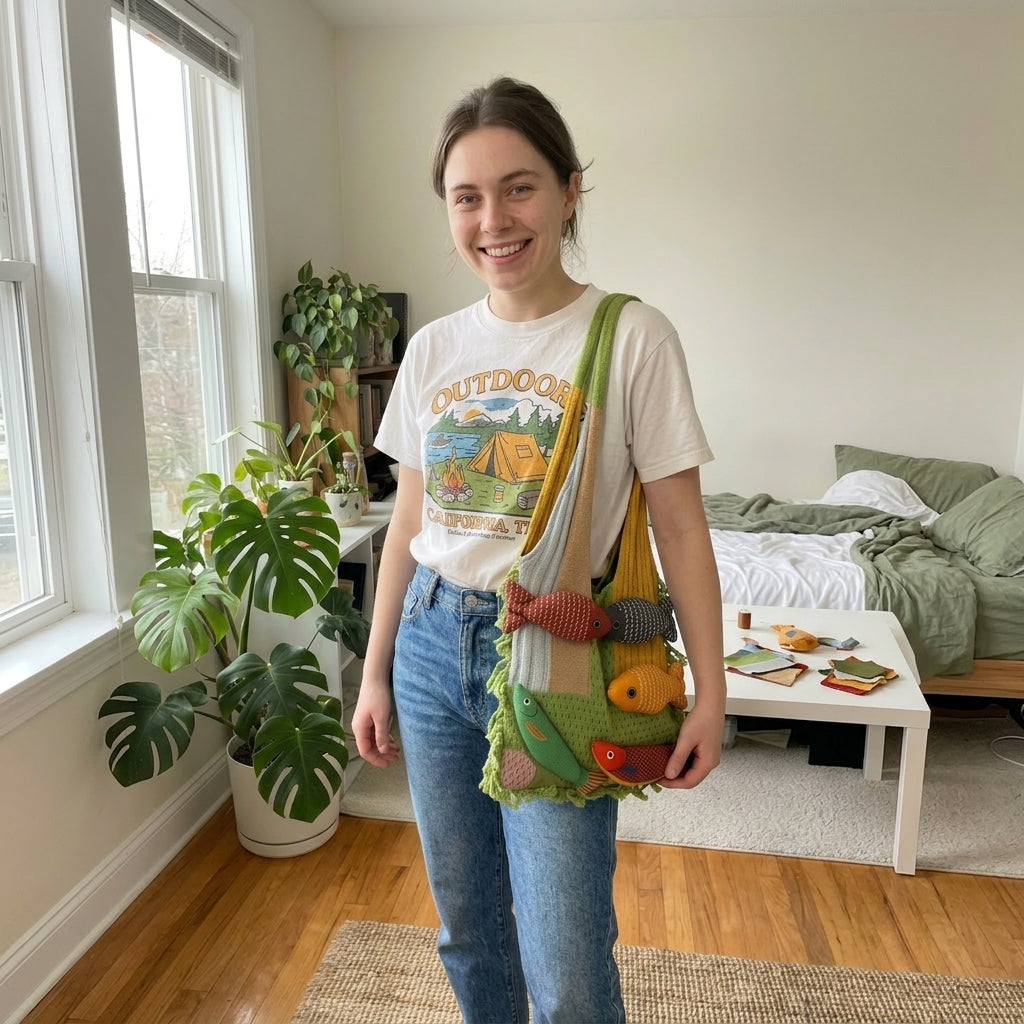 Boho 3D Fish Applique Knitted Beach Tote