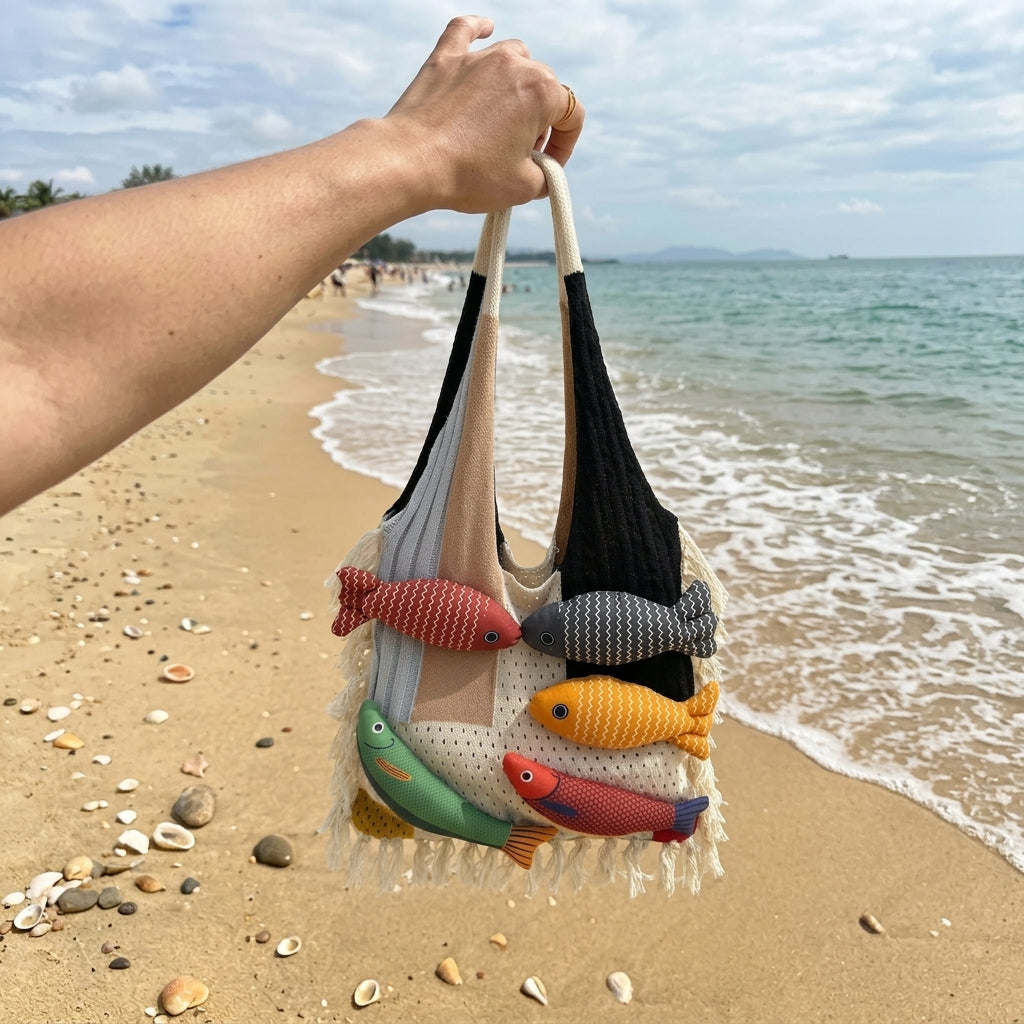 Boho 3D Fish Applique Knitted Beach Tote
